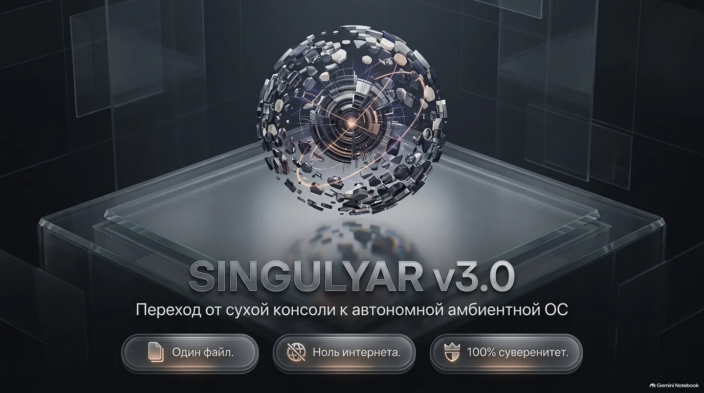 Титул: хром-сфера из фрагментов на стеклянном постаменте, подпись SINGULYAR v3.0