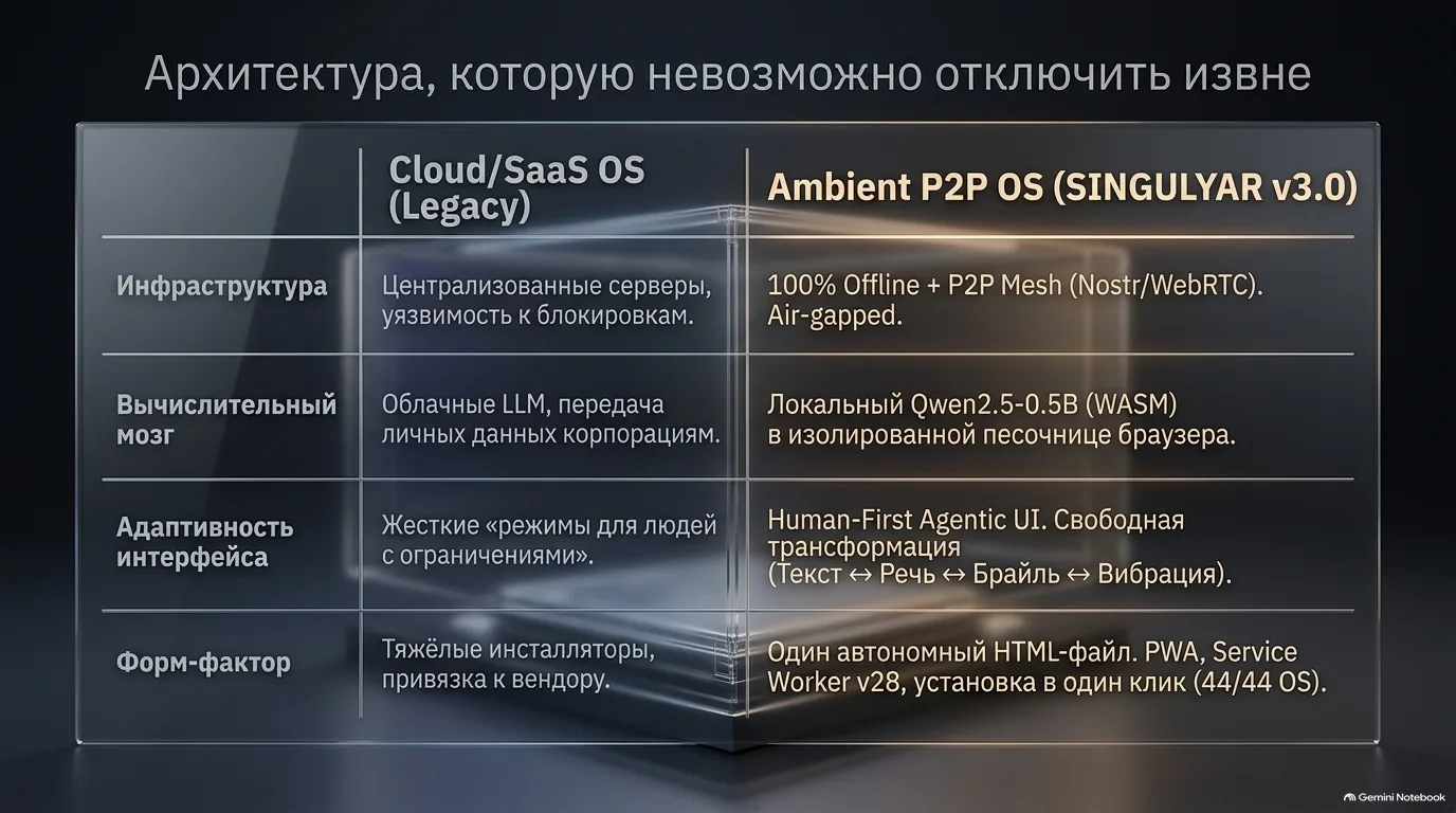 Стеклянная таблица сравнения: Cloud/SaaS OS против Ambient P2P OS