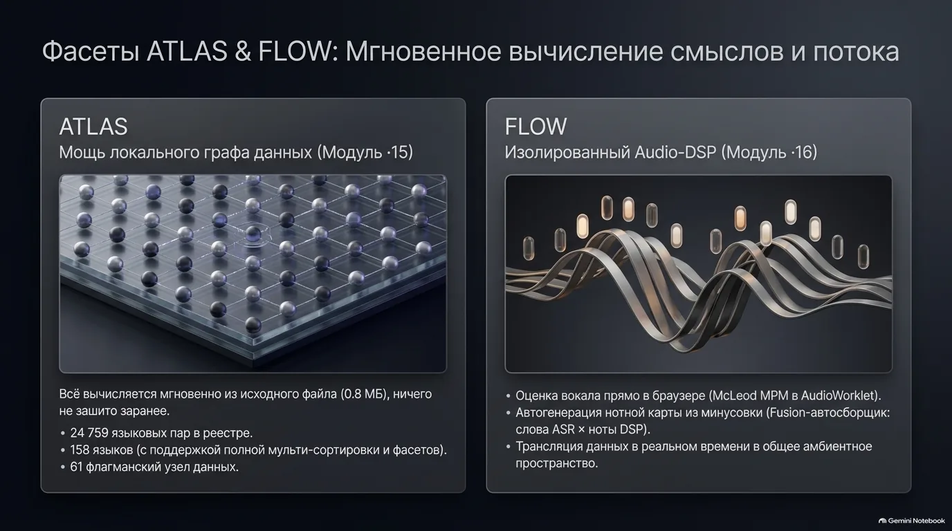 Слева стеклянная решётка графа данных ATLAS, справа серебряные волны аудио-DSP FLOW