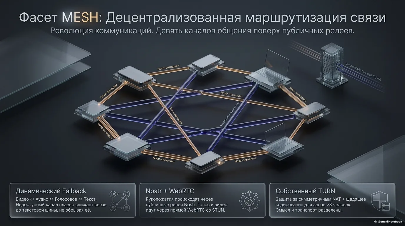Сеть устройств, связанных янтарными и синими лучами через Nostr-сигналинг