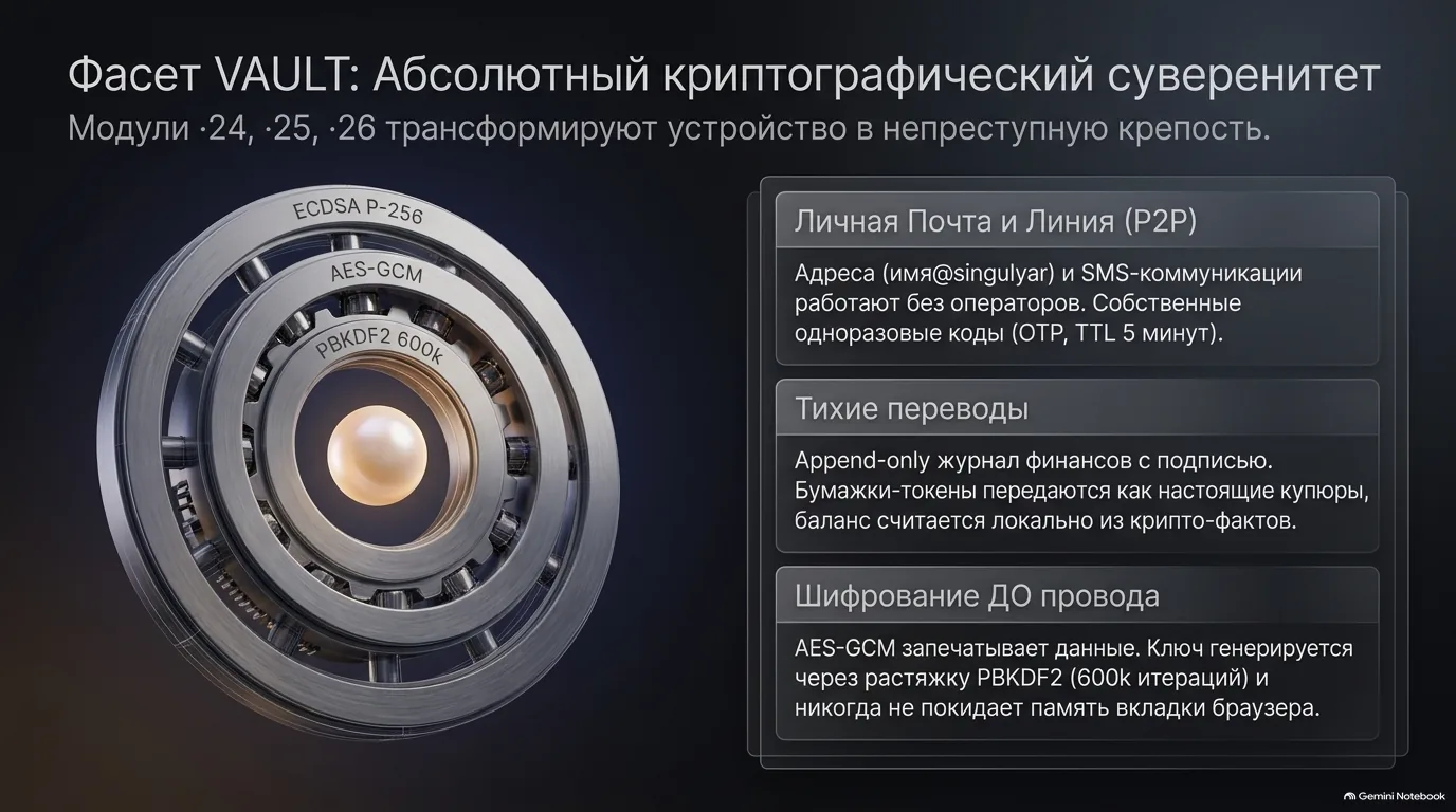 Стальной подшипник-сейф с жемчужиной в центре, кольца подписаны ECDSA P-256, AES-GCM, PBKDF2 600k