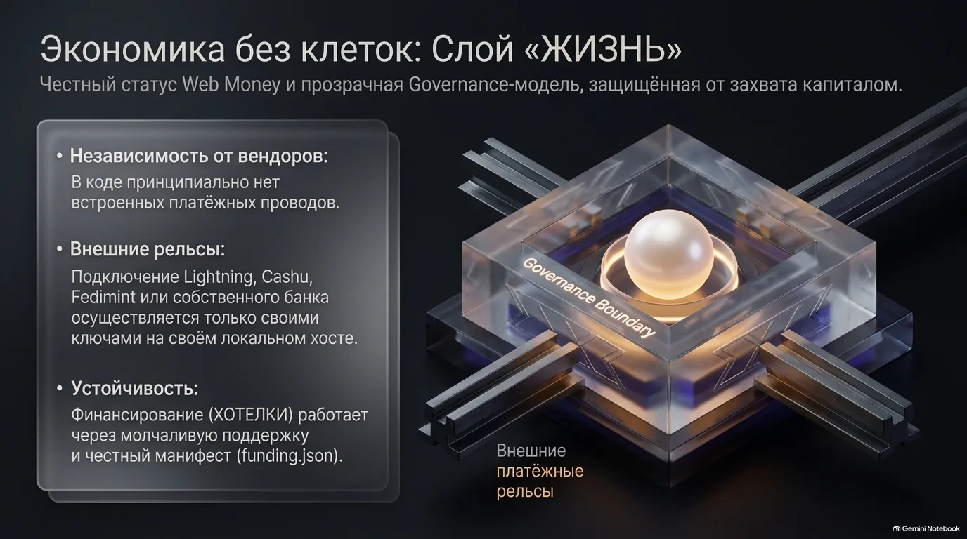 Стеклянная призма Governance Boundary с жемчужиной внутри, мимо идут внешние рельсы